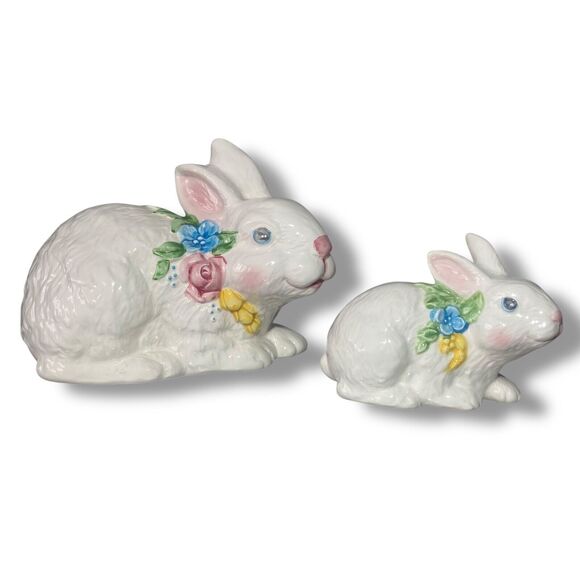 Easter Spring Decor 2 Bunny Rabbit Glazed White Ceramic Floral Necklaces Vintage - Picture 4 of 8